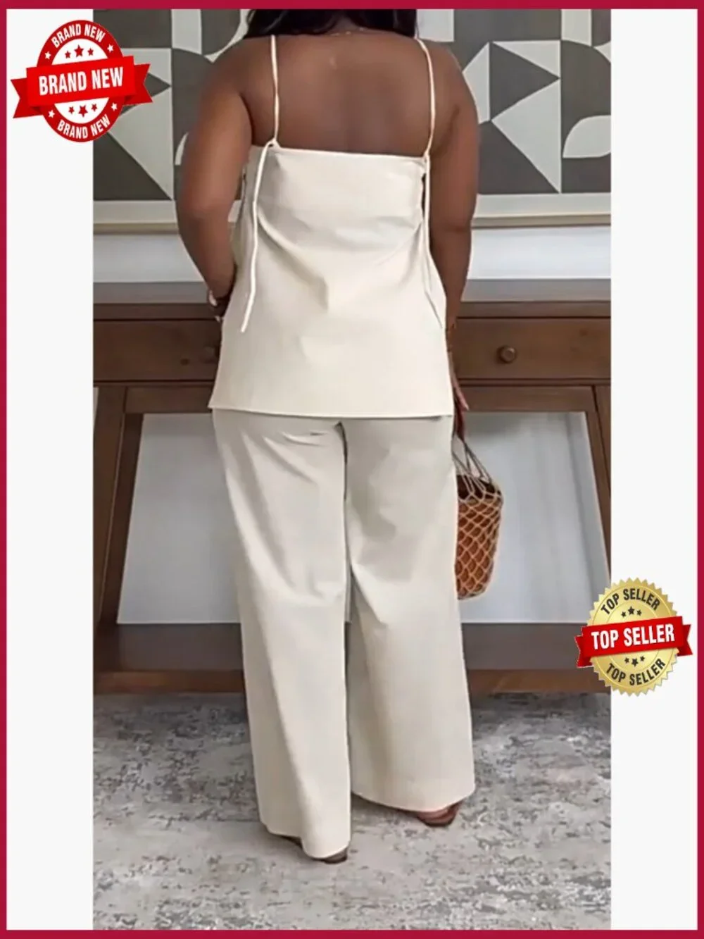 2 Piece Linen Lounge Set Slit Cami Top Baggy Pants Plus Size - Picture 7 of 7